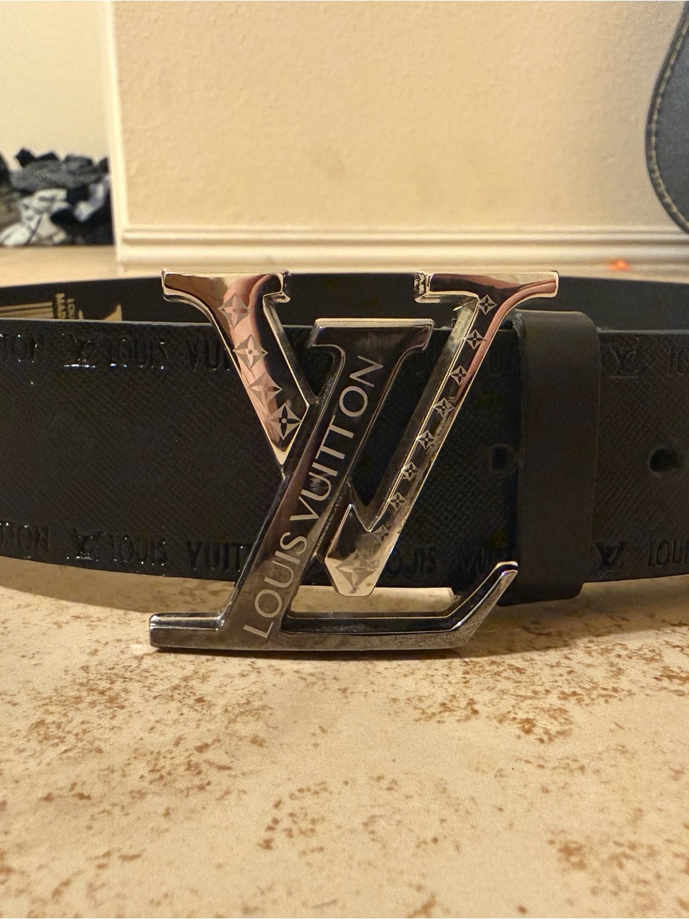Louis Vuitton Black Leather Monogram LV Buckle Belt